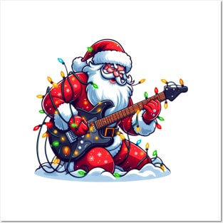 Santa Claus Playing Electric Guitar Posters and Art